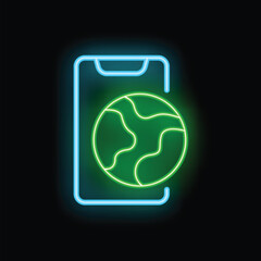 Neon sign showing smartphone displaying planet earth icon on black background