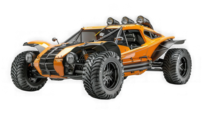 Detailed orange and black off road buggy with large tires and roll cage isolated on transparent background