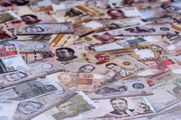 Money background, currency exchange, paper banknotes from different countries. Money cash currency