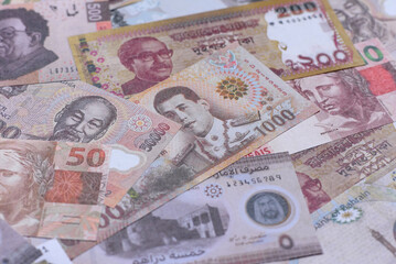 Money background, currency exchange, paper banknotes from different countries. Money cash currency