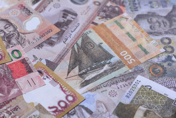Money background, currency exchange, paper banknotes from different countries. Money cash currency