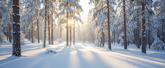 Snow-covered forest with sunlight streaming through trees in winter  