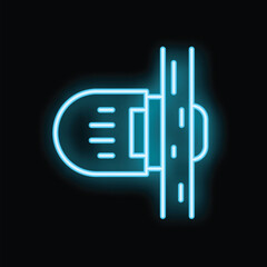 Glowing blue neon icon of an electric planer being used to process a wooden plank