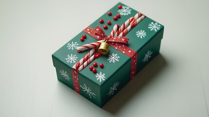 Top view of green Christmas gift box with snowflakes red berries bell and candy cane on white wood