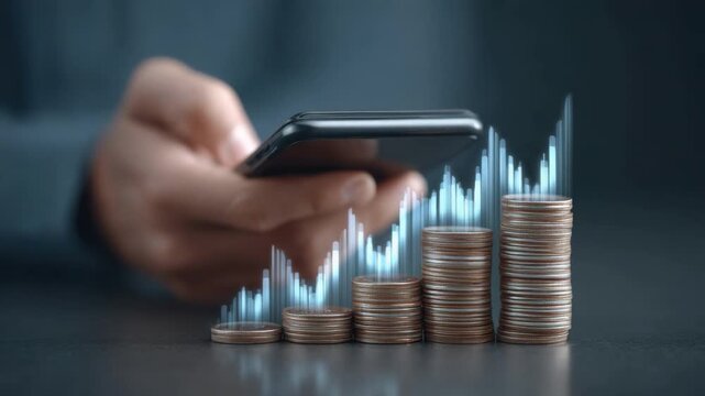 Close-Up View of Hand Holding Smartphone with Financial Growth Concept Visualized by Stacked Coins and Rising Graph Lines 4k Video footage