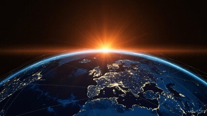 Global network over Europe with sunrise, modern tech connections