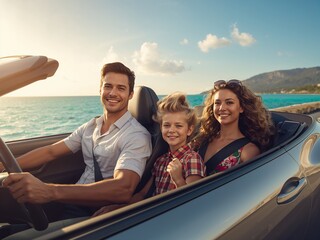 A family of three rides in a convertible along a scenic coastal road during sunset. The relaxed atmosphere reflects joy, travel, and quality time together.