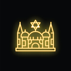 Obraz premium Glowing yellow neon sign depicting a synagogue with the star of david on top