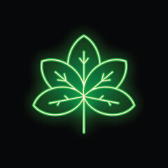 Naklejka premium Green neon leaf glowing on a black background representing nature, growth, and sustainability