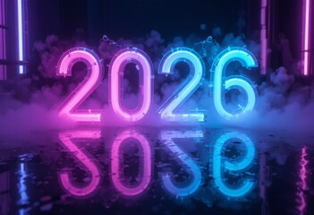 Neon 2026 numbers on reflective black acrylic with fog and cyan purple rim light