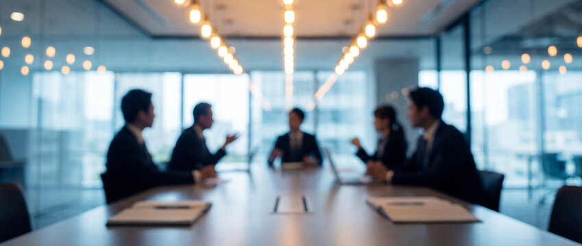 Blurred image of a corporate business meeting in a modern conference room with executives engaged in discussion. - Powered by Adobe