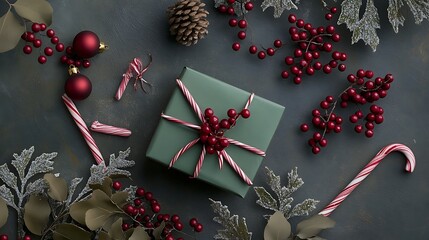 Christmas composition with green present red berries candy cane snowflakes and bell top view