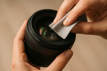 Camera lens cleaning process indoor setting photography technique close-up view maintenance concept