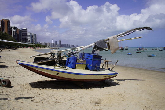 A jangada is a traditional fishing boat (in fact a sailing raft) made of wood used in the northern region of Brazil. Fortaleza - Cear&aacute;, Brazil.