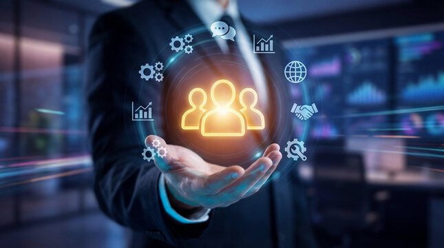 Business leader presenting a glowing people-centered icon surrounded by digital workflow, analytics, and global collaboration symbols.