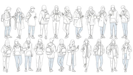 Collection of diverse young individuals in line art engaging with digital devices and modern lifestyle