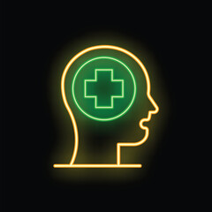 Neon style icon showing a head with medical cross representing healthcare, suitable for medical and wellness concepts