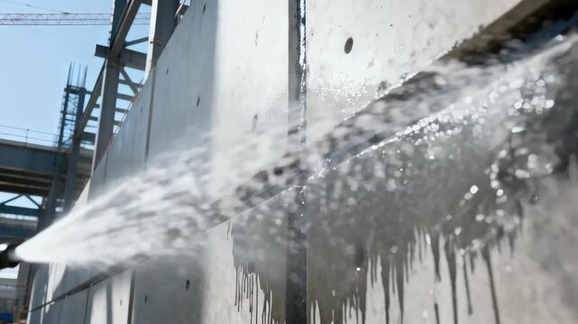 Technician inspects precast panel joints using water spray to detect leaks and ensure effective sealing in a modern construction setting.