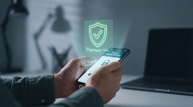 User confirming a secure mobile payment through a glowing holographic verification shield. - Powered by Adobe