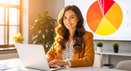 Smiling businesswoman in beige blazer working on laptop at bright modern conference table, using mouse beside phone, with large analytics chart screen blurred in background.