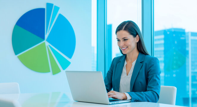 Confident businesswoman in teal blazer working on laptop in bright modern office, smiling at camera with corporate city view and blue pie chart presentation on large screen behind