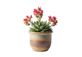 Beautiful echeveria succulent plant with pink flowers in a textured pot isolated on transparent background