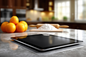 Kitchen setup with tablet, oranges, and baking ingredients ready to use