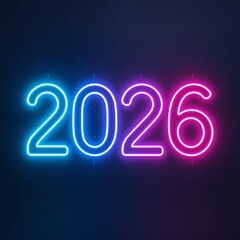 Glowing neon 2026 lettering in rounded type with electric blue and magenta gradients