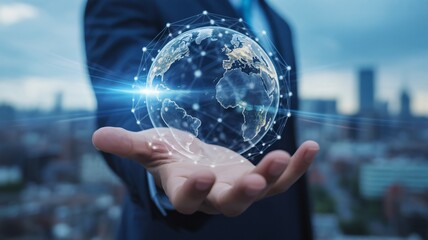 Professional holding futuristic digital globe in hand near cityscape