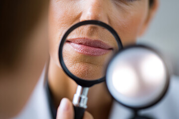 Dermatologist examining skin barrier closely with magnifying glass focusing on lips and lower face showing healthy texture and professional care