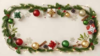 Christmas Border with Evergreen Branches, Ornaments, Cinnamon Sticks, and Gift Boxes