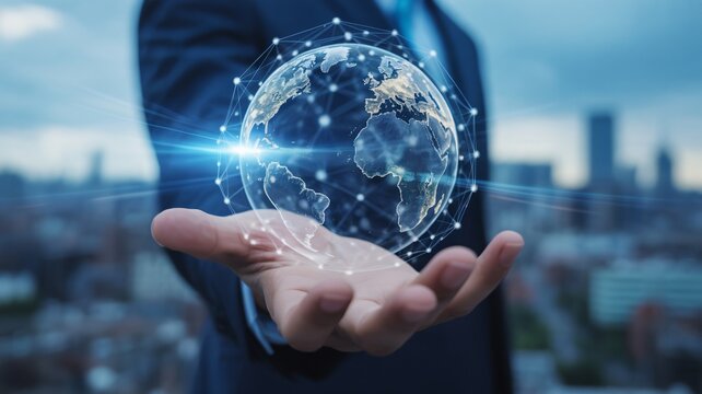 Professional holding futuristic digital globe in hand near cityscape
