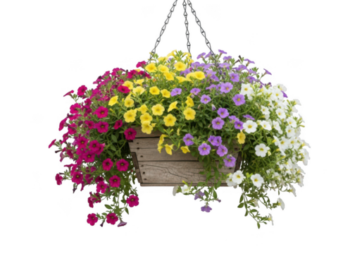 Vibrant hanging basket overflowing with colorful mixed flowers isolated on transparent background