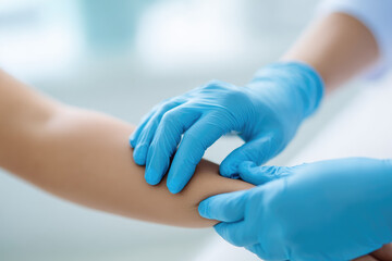 Dermatologist examining skin barrier elasticity, close up of gloved hands gently pressing forearm, medical checkup, healthcare professional, smooth skin, clinical environment