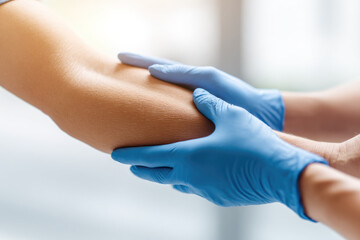 Dermatologist wearing blue gloves gently examining skin barrier on patient arm in clinical setting, focusing on healthy skin texture and professional care