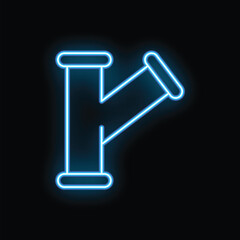 Blue neon pipe icon is glowing on a black wall