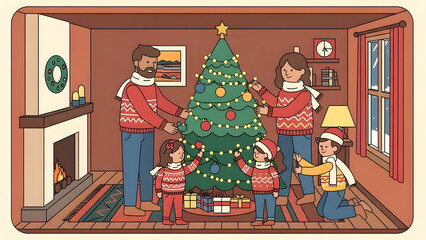 Family Decorating the Christmas Tree