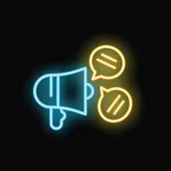 Neon megaphone is making an announcement with speech bubbles, symbolizing communication and marketing