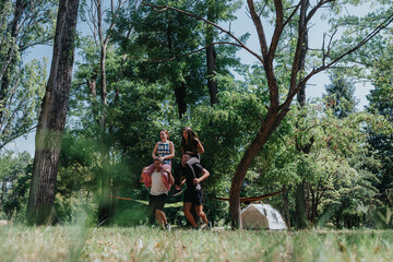 A group of friends and family exploring a sunlit forest, with kids perched on shoulders, a tent in the background, showcasing outdoor bonding, play, and camping.