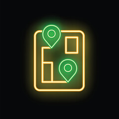 Glowing neon line city navigation icon isolated on black background. Vector illustration