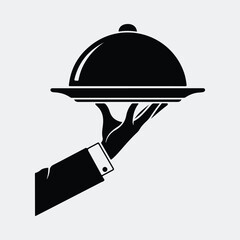 Fototapeta premium Silhouette of waiter holding food tray service dome vector illustration