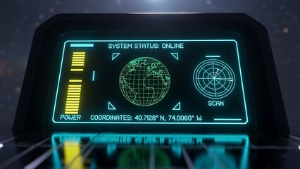 Futuristic digital display showing Earth and scan radar, modern tech interface for navigation or system status monitoring in a sleek, dark setting
