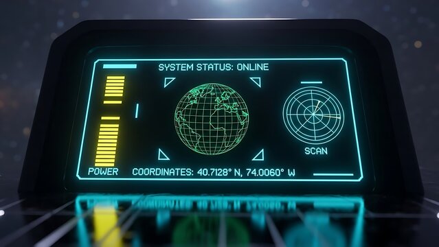 Futuristic digital display showing Earth and scan radar, modern tech interface for navigation or system status monitoring in a sleek, dark setting - Powered by Adobe