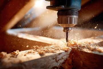 Craftsman tools create precise wooden cuts in a workshop filled with sunlight and dust particles floating in the air