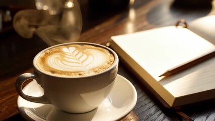Cup of coffee and open notebook invite mindful reflection. Cup of coffee with foam art is placed near blank pages, suggesting contemplation and creativity.