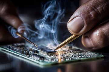 Repairing a circuit board with soldering tools while smoke rises in a workshop setting