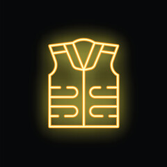 Neon sign depicting a life vest, glowing yellow against a dark background