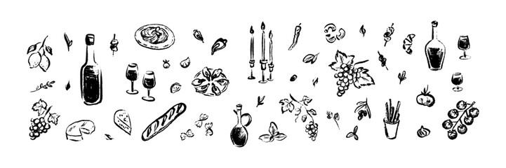 Set of charcoal, crayon, chalk doodle hand drawn French, Italian, Greek food and wine set. Sketch freehand paint brush drawing food and drink icons. Vintage restaurant, tapas menu background