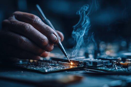Skilled technician repairs electronic circuit board with precision during late-night session