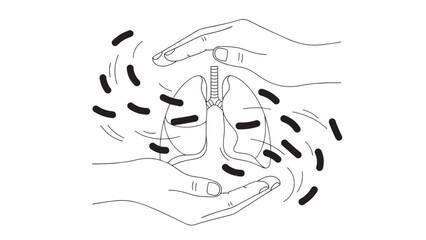 Hands cradling stylized lungs surrounded by microbes in monochrome illustration.